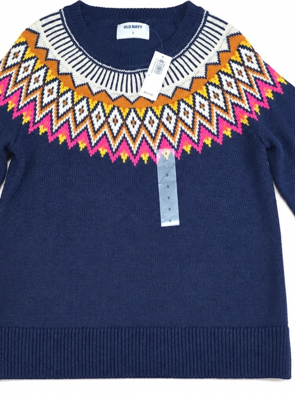 Old Navy Navy Fair Isle Scoopneck Sweater with Pink & Gold Accents Small NWT